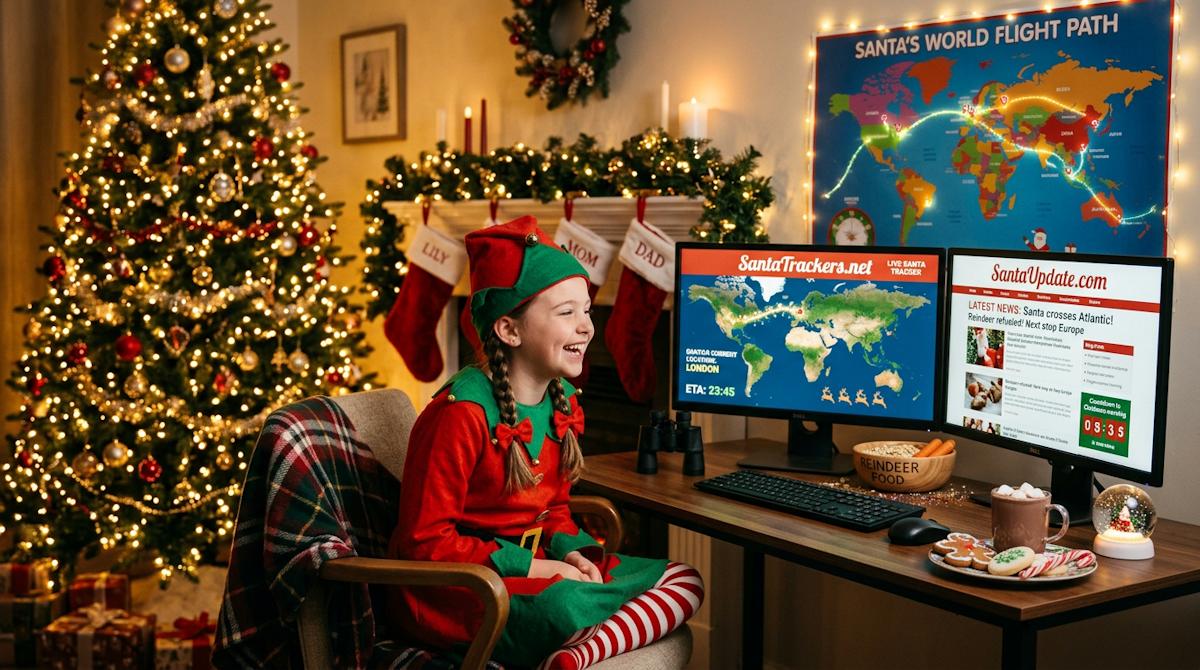 Girl dressed as an elf tracking Santa's flight path on dual monitors showing SantaTrackers.net and SantaUpdate.com in a decorated Christmas living room